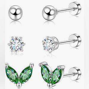 Stainless Steel Silver and Green Stud Earrings Set